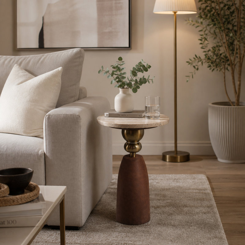 Table d'appoint moderne à dessus en marbre pour présentation à la maison - Table de bout étroite à piédestal sophistiquée avec base en bois et métal pour canapé de salon - 23 po