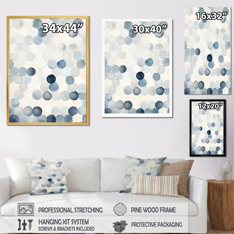 Cercle matriciel aquarelle en bleu délavé rétro I - impressions d'art géométriques modernes, Cadre flottant blanc