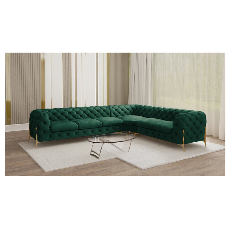Chesterfield Corner Sofa L-Shape  with Gold Metal Legs, Bottle Green, Left Hand Facing