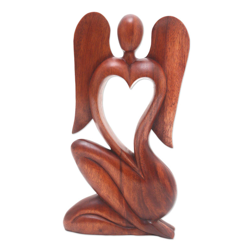 Hand Carved Suar Wood Angel Sculpture with Heart