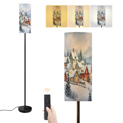 Floor Lamp Winter Village Houses Charming Snow Covered Houses Pine Trees Dimmable Modern Standing Lamp with Remote Control Footswitch Bulb Lampshade T