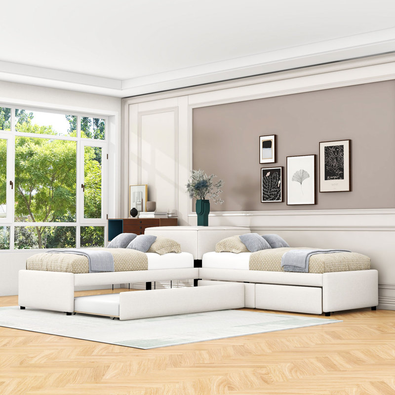 Lit simple en forme de L avec table intégrée et tiroirs de rangement, lit gigogne simple, Beige