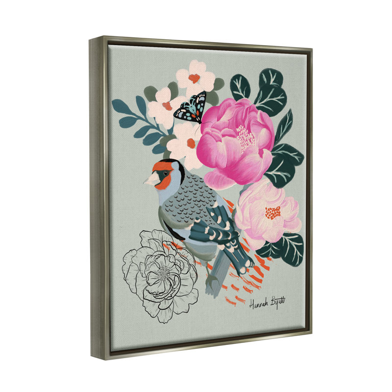 Oiseau et pivoines sur toile verte par Hannah, impression, H 31 po x l 25 po x P 1,7 po, Cadre flottant gris lustré