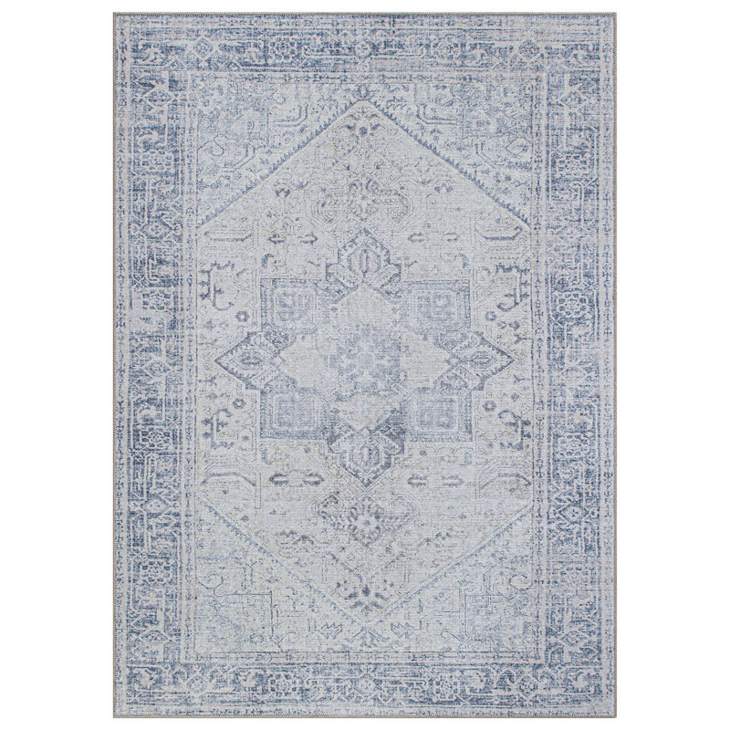 Somona Machine Washable Oriental Flatweave Performance Blue/Ivory Area Rug, Rectangle 3'4" x 5'