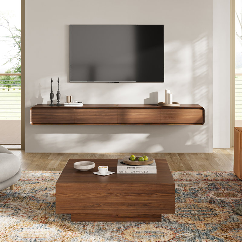 Meuble télé flottant avec table basse carrée 39,37 po Blosse, entièrement assemblé, Brun, H 9,84 po x L 14,57 po x l 94,48 po
