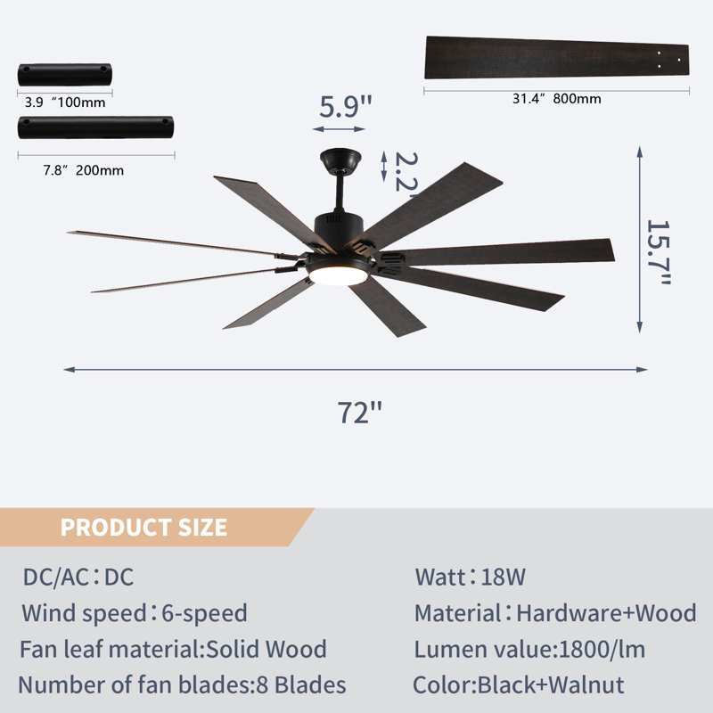 72" Walnut LED Ceiling Fan Light, 8 Wooden Blades, Remote, Adjustable Color Temperature