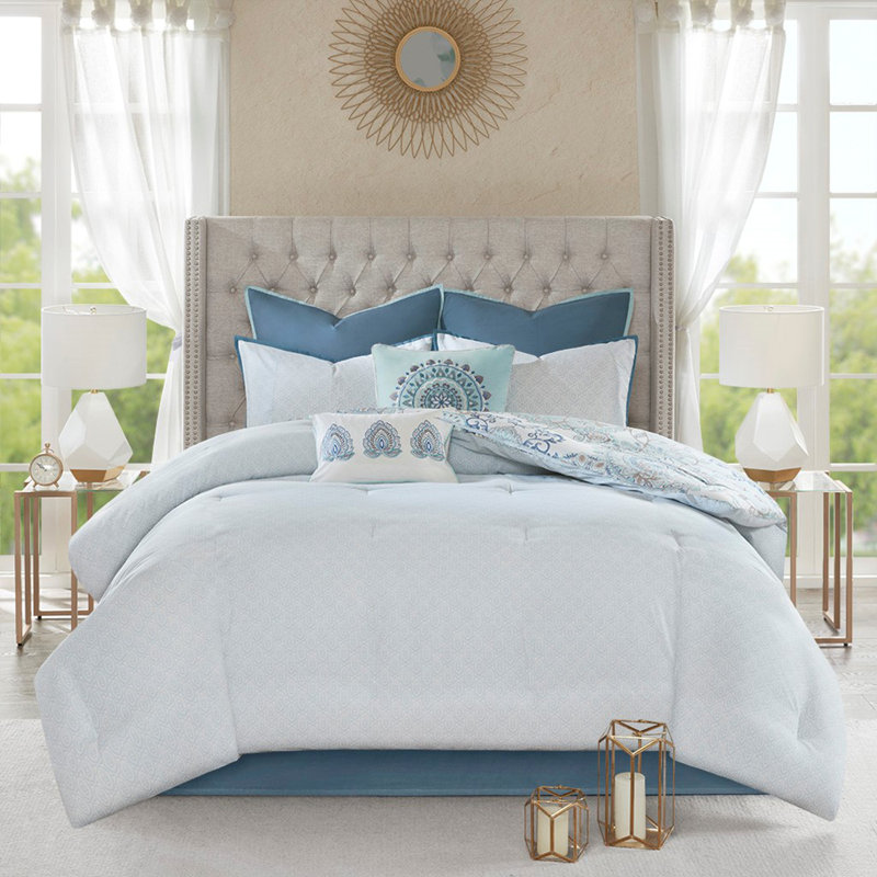 Ensemble d'édredon réversible à imprimé floral en coton 8 pièces bleu