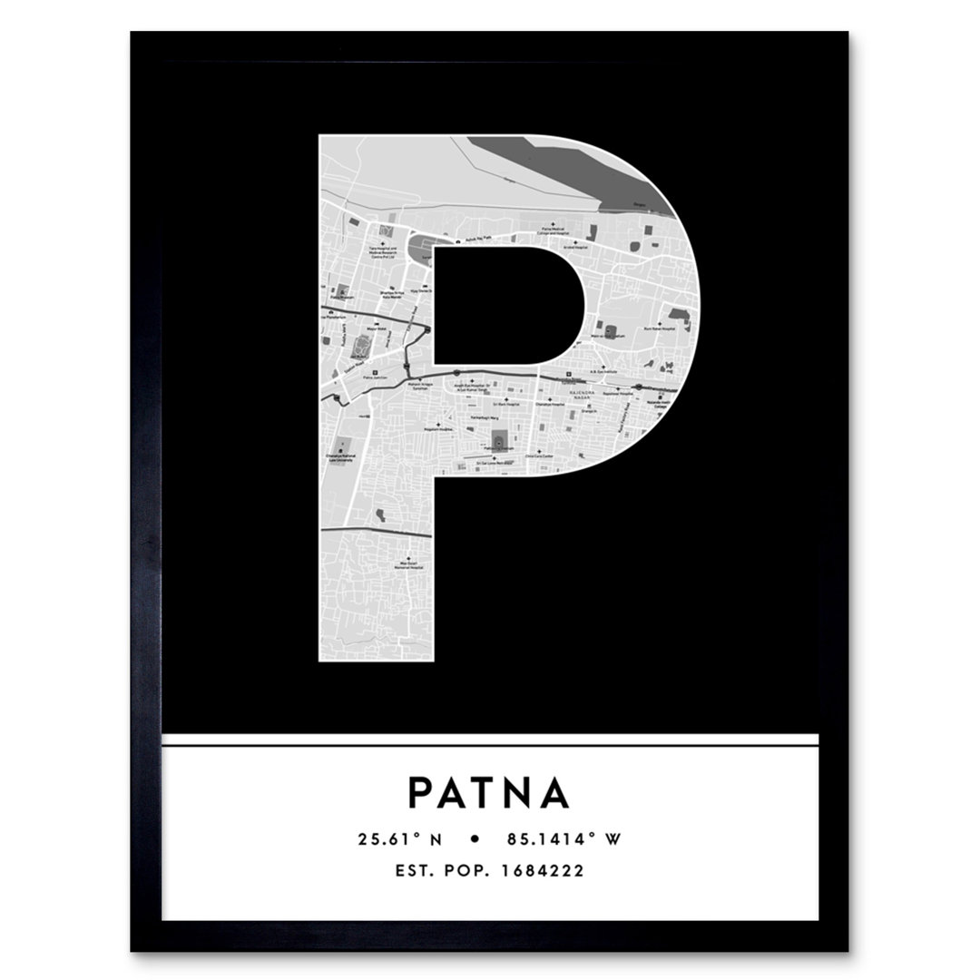 Patna India City Map Black And White - Single Picture Frame Typography
