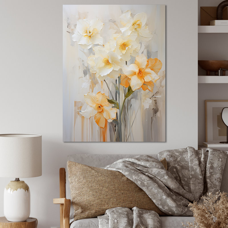 Minimalisme, fleurs de jonquilles blanches et orange I sur toile, Toile tendue, H 32 po x l 24 po