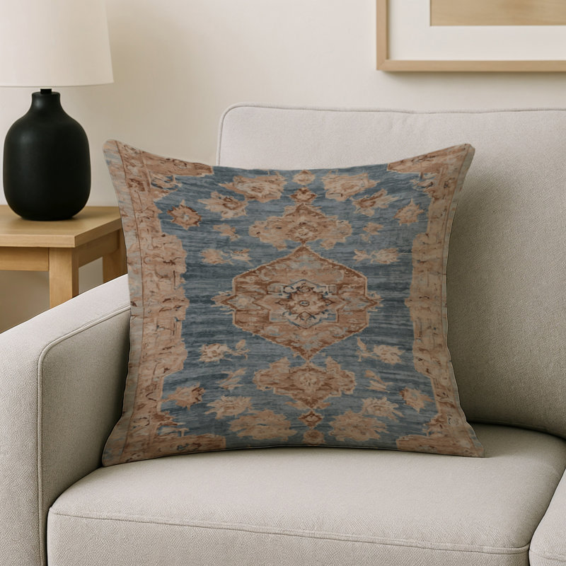 Coussin décoratif intérieur et extérieur Modern, Bleu cendré / brun clair / beige damassé 2, Carré 16 po