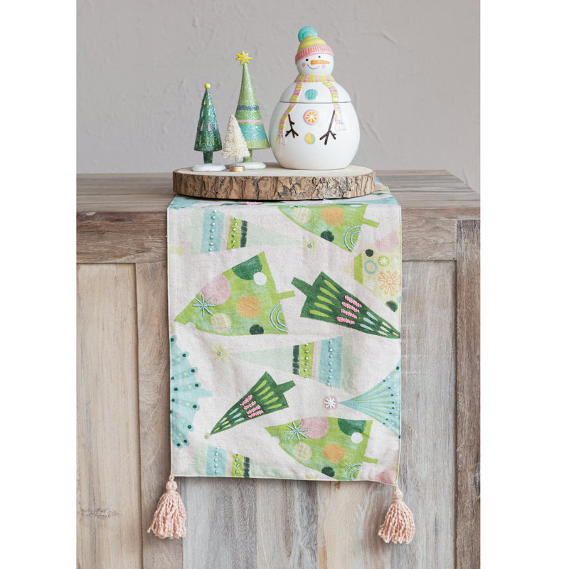 Hand-Embroidered Cotton Printed Table Runner With Christmas Trees Pattern, Beads, French Knots And Tassels