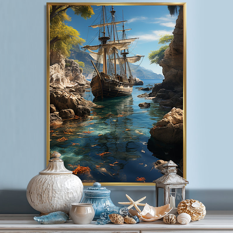 Bateau pirate tropical caché sur toile, Encadrement doré, H 32 po x l 16 po x P 1 po