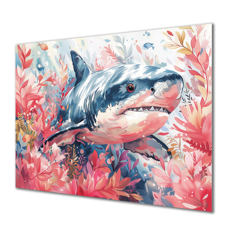 Pink Grey hunting shark watercolor II - Shark Large Wall Art, No Framed, Metal, 24'' H x 32'' W