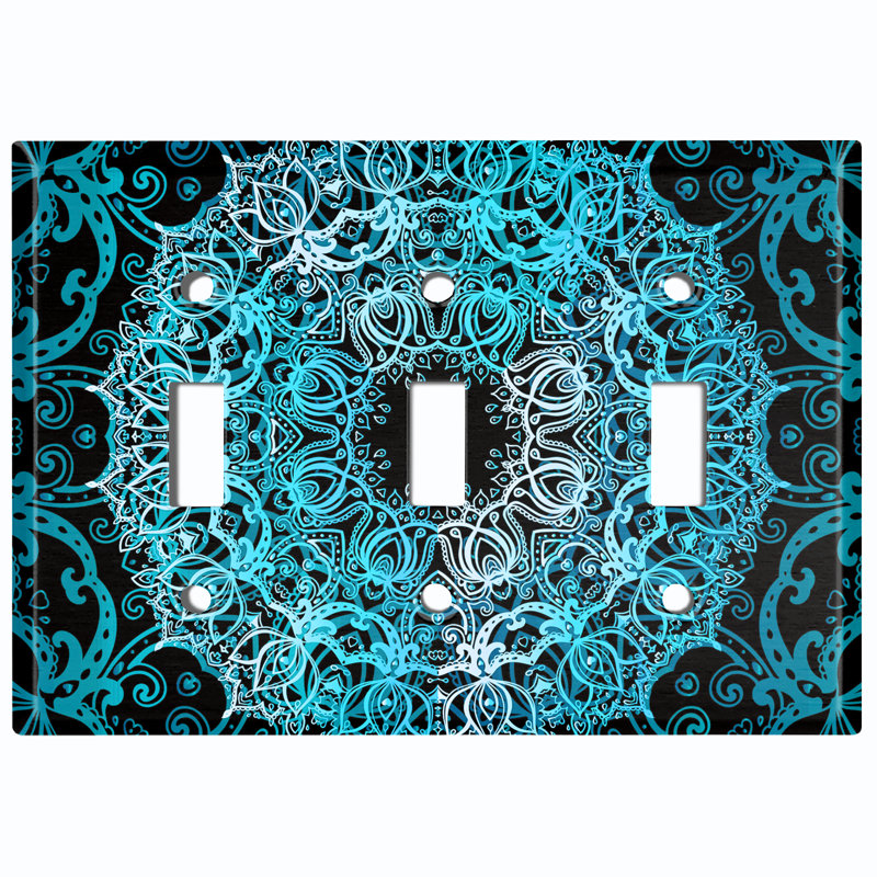Teal Blue Circle Mandala Black Patterned 3 - Gang Toggle Light Switch Standard Wall Plate