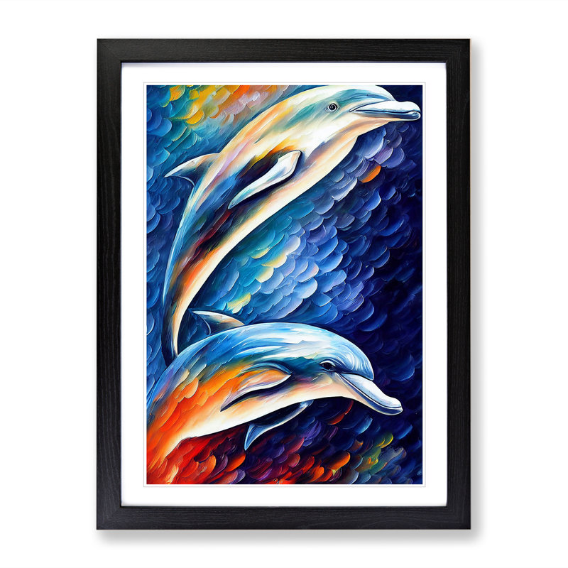 Two Dolphin No.2 - Wall Art, Paper Black Framed, 64cm H x 46cm W x 2cm D