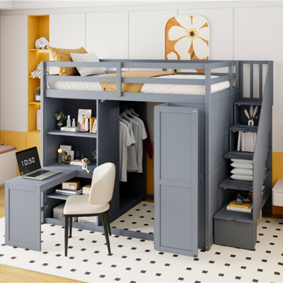 Lit mezzanine double avec garde-robe, bureau et tablettes