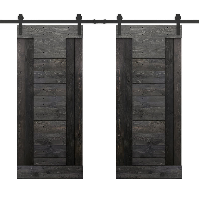 Porte de grange à panneaux et en bois avec quincaillerie d'installation, 60 po x 84 po, Noir anthracite
