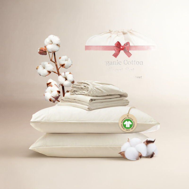 Ensemble de draps 100% coton, Ensemble de draps pour grand lit avec 2 taies d'or, Lait de coco