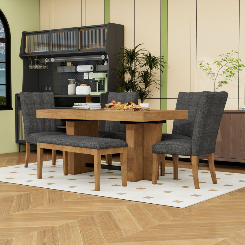 Ensemble de table de salle à manger avec banc et chaises, Brun, Gris