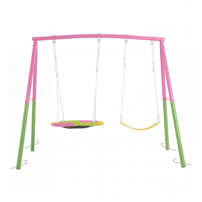Portique en acier robuste avec soucoupe et balançoires à ceinture, rose, capacité de 330 lb