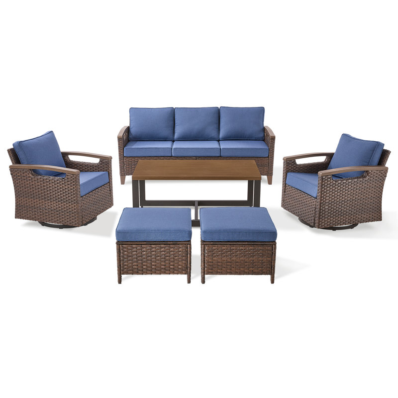 Arundel 6-Pieces Outdoor Patio Wicker Furniture Conversation Set With Coffee Table, Blue