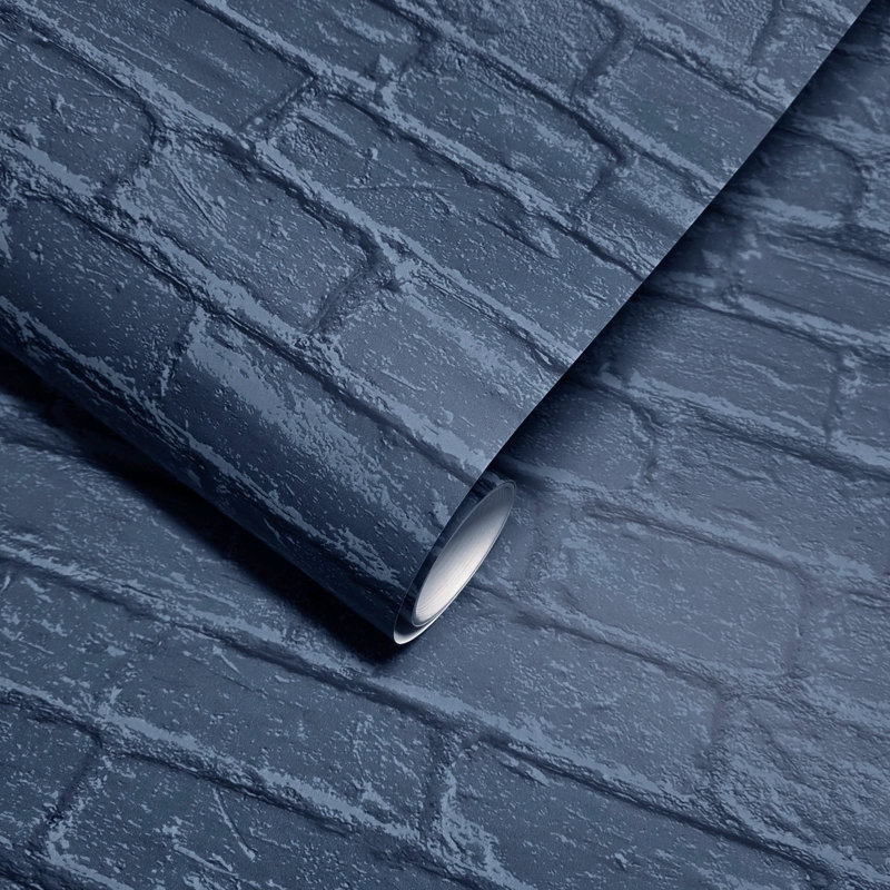 Papier peint contemporain 3D imitation brique rustique vieillie, bleu marine ardoise, style loft, Denim