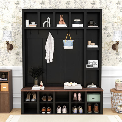 Minimalist Wood Hall Tree with Adjustable Shelves, Hooks, Shoe Storage and Bench for Entryway