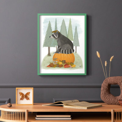 «Raccoon On Pumpkin», reproduction encadrée - bois massif