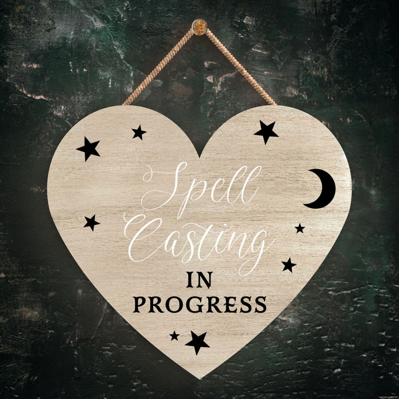 Witch Spell Casting Wooden Heart Plaque, Brown, 10cm H x 9cm W x 0.5cm D