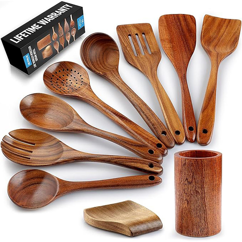 Teak Wood 10-Piece Cooking Utensil Set with Holder