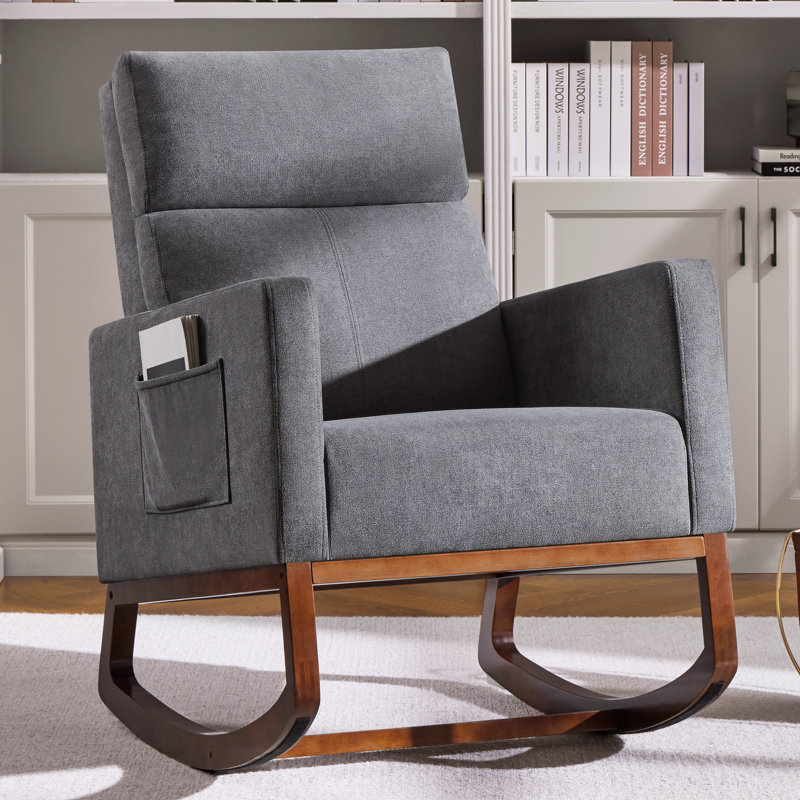 Chaise berçante moderne à dossier haut avec pieds en bois massif, Gris
