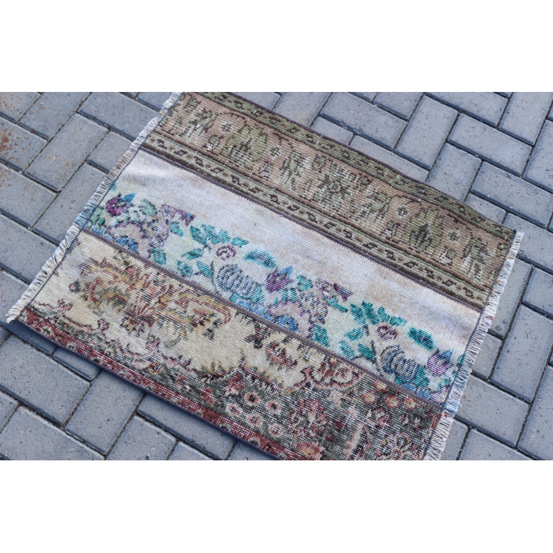 Small Beige Turkish Rug Ideal for Office and Bedroom Spaces with Antique Anatolian Door Mat Carpet Design