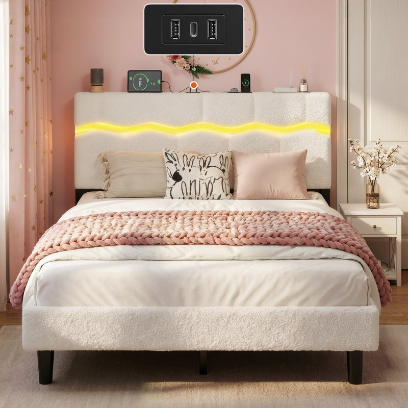 Lit tapissier en tissu Boucle, cadre de lit plateforme avec lumière DEL et station de charge, lit silencieux, Lit double