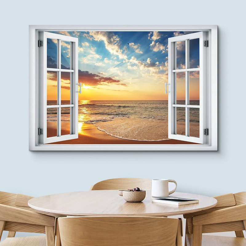 «Window Window Scenery Coastal Vibrant Sunset Beach Shore Nautical Décor», reproduction d'art sur toile, H 32 po x l 48 po
