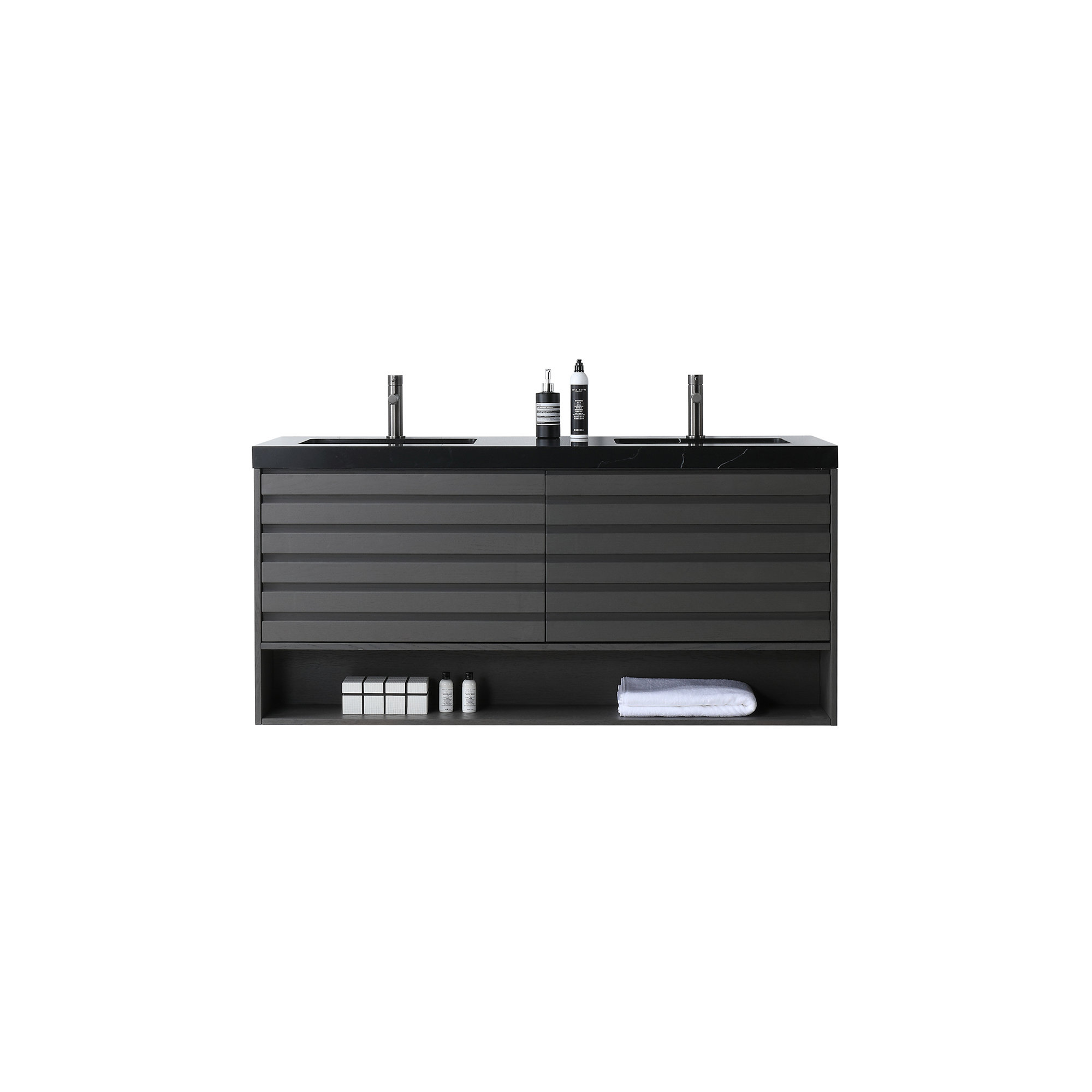 Maumelle 60'' Natural Oak Veneer Plywood Bathroom Vanity with Engineered Stone Top, Black, Charcoal