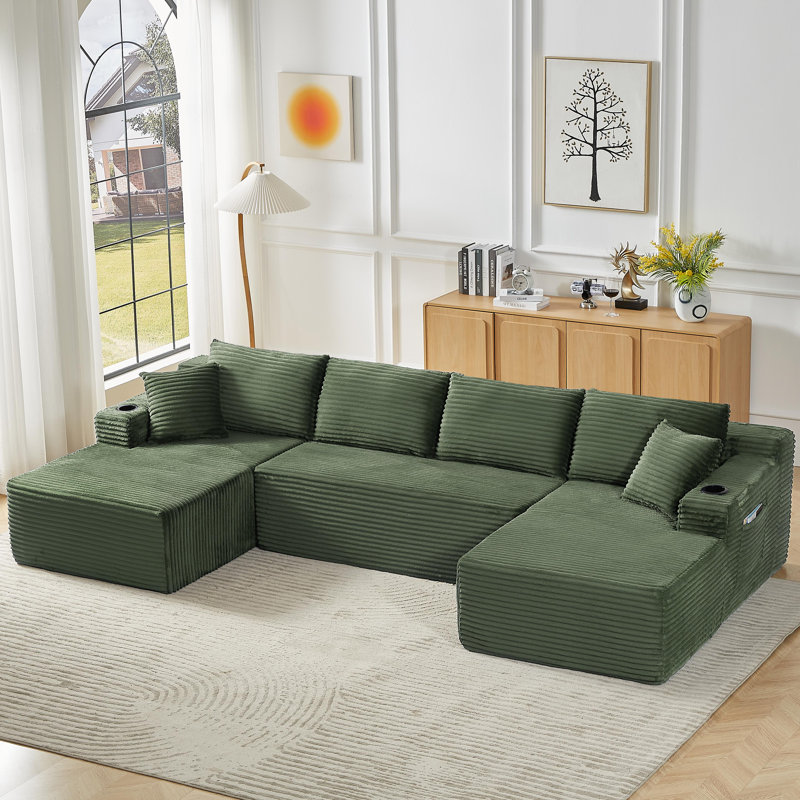 Canapé modulaire compressible en forme de U de 133,5 po avec porte-gobelet et poche latérale - aucun assemblage requis, Vert