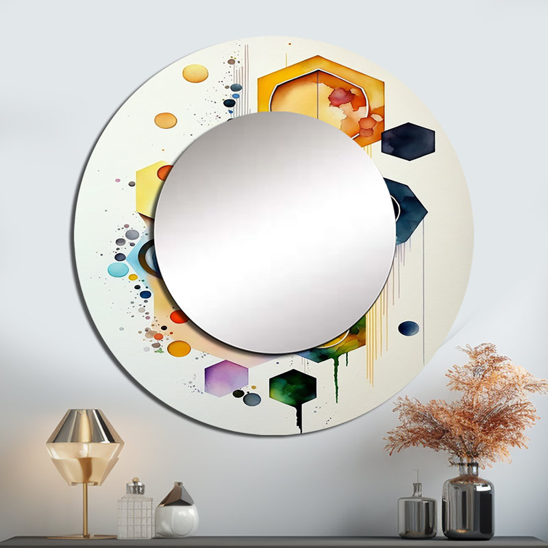 Stoyana hexagonal et circulaire abstrait II - miroir géométrique, miroir mural rond bleu, impression sur métal, 29 po x 29 po