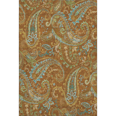 5' X 8' Rust Blue And Green Paisley Washable Area Rug With UV Protection