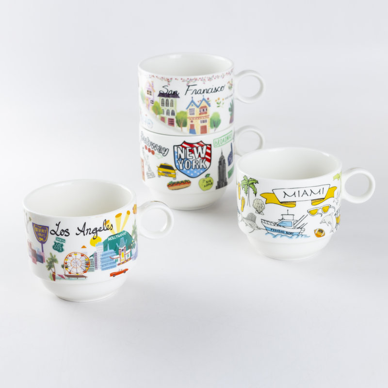  Ensemble de 4 tasses à café, New York / San Francisco / Los Angeles / Miami