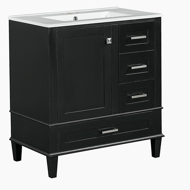 Meuble-lavabo de 30 pouces, armoire de salle de bain moderne avec ensemble de lavabo, armoire de rangement avec portes à fermeture douce et 3 tiroirs, structure en bois massif