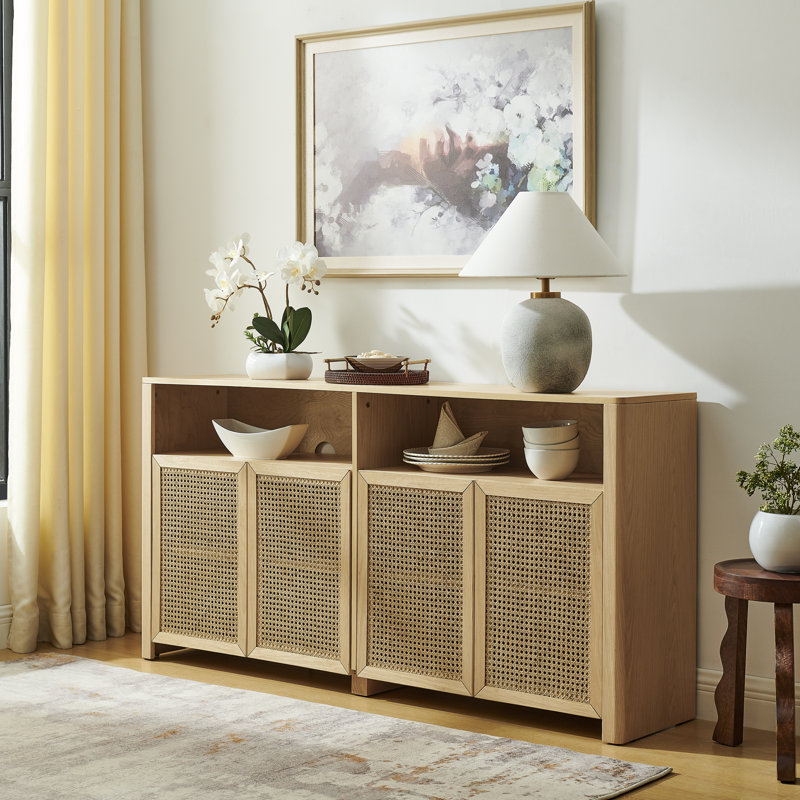 Buffet moderne en rotin de 63 po avec rangement et tablette ouverte, Natural