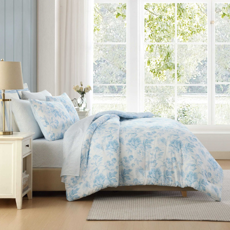Laura Ashley Anja Textured Toile Blue Comforter Bonus Set, 7, Queen Comforter + 6 Additional Pieces