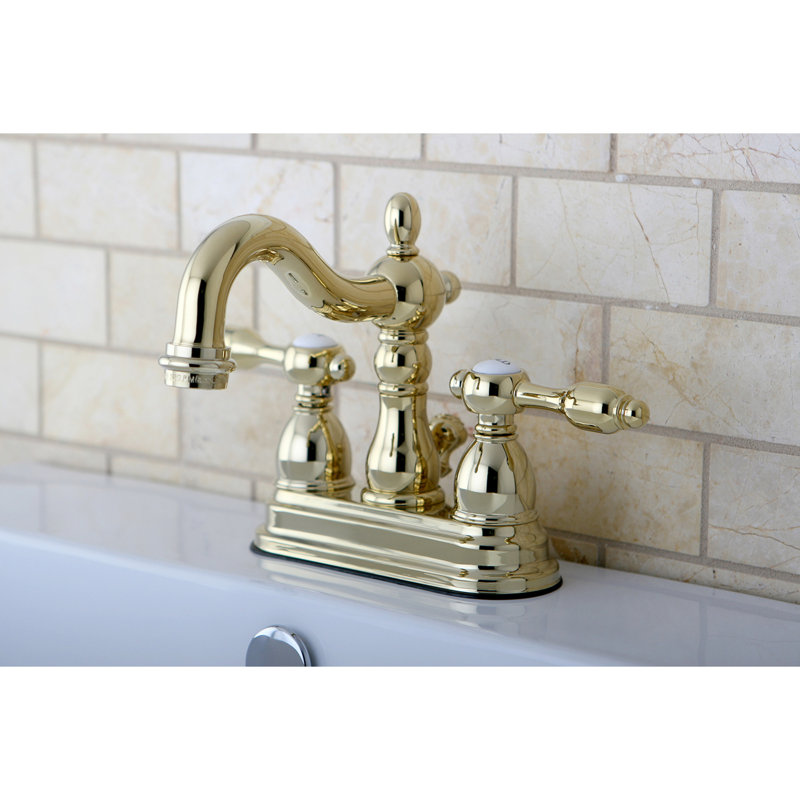 Kingston Brass Tudor Two-Handle 3-Hole Deck Mount 4" Centerset Bathroom Faucet with Brass Pop-Up, Polished Brass
