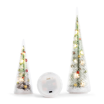 Lit Glass Bottle Brush Trees With Ornaments - Set Of 3