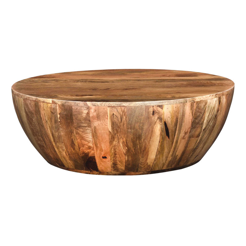 Rustic Mango Wood 35.5" Round Outdoor Drum Coffee Table in Dark Brown