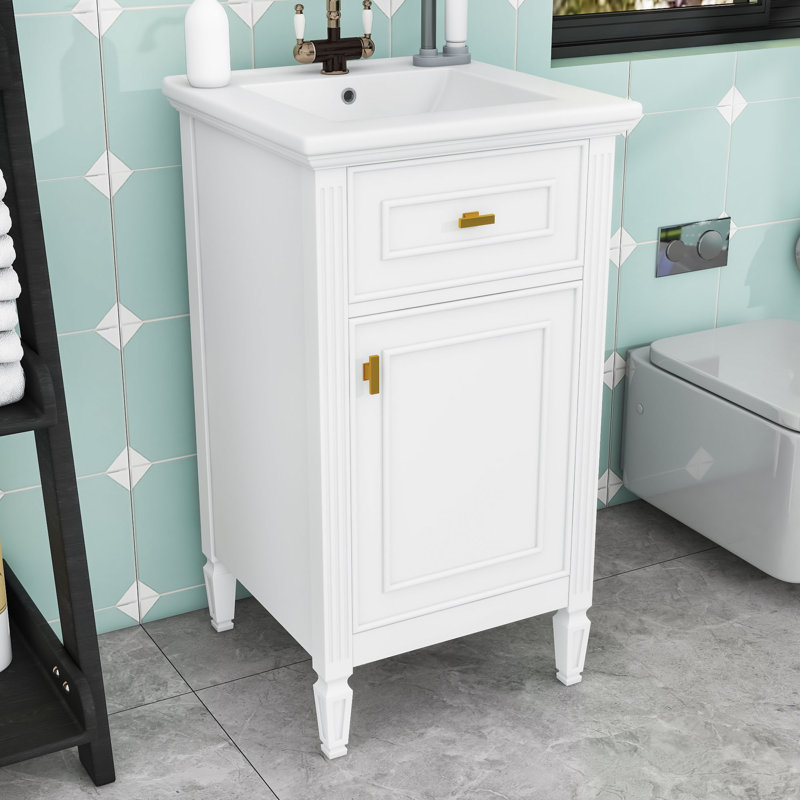 Meuble-lavabo de salle de bain avec lavabo, tiroir inclinable, tablette réglable et boutons en alliage de zinc, Blanc / blanc