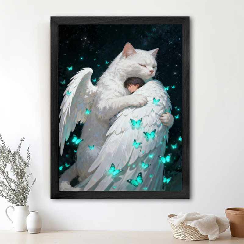 Art mural rétro noir, ange, chat blanc, embrassant un enfant, impressions sur toile de style rétro, H 11 po x l 9 po