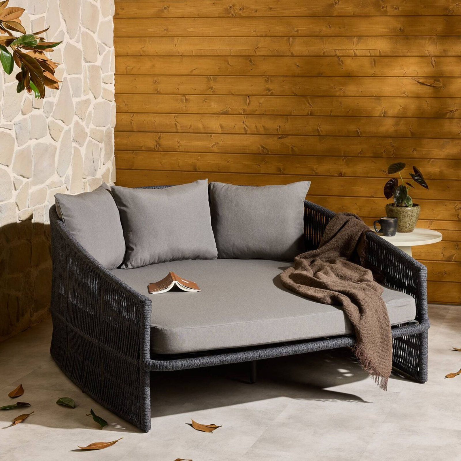 Ailena 61.5'' Wide Rounded Back Wicker Patio Daybed with Cushions, Venao Charcoal/Black