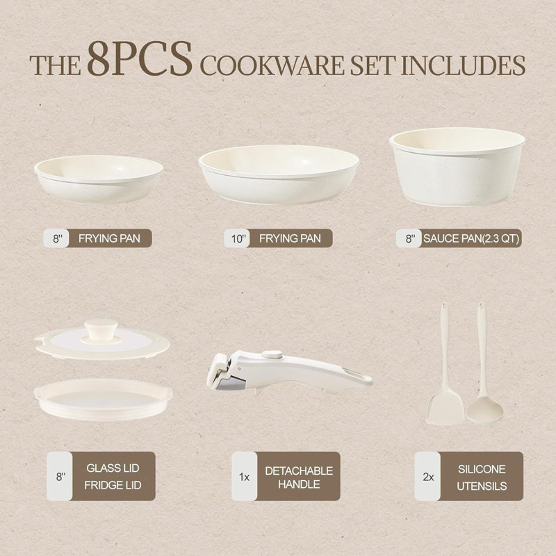 8-Piece Cream White Ceramic Cookware Set