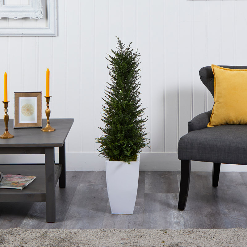 3.5ft. Cypress Artificial Tree in White Metal Planter UV Resistant (Indoor/Outdoor)